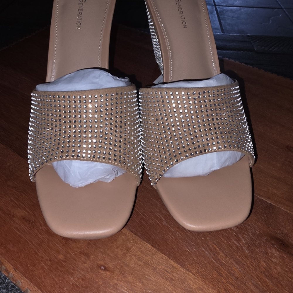 BCBGeneration Tan Rhinestone Slide Wedges
